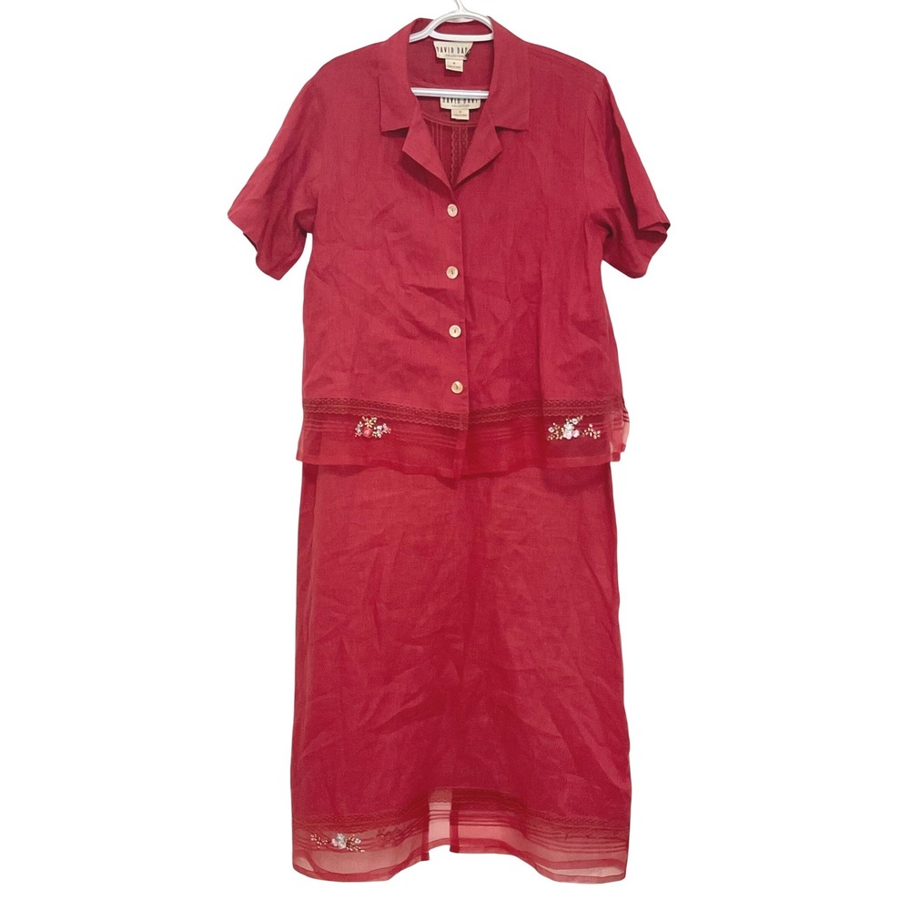 VTG 90s David Dart 2-Piece Linen‎ Dress Set Cottage Pink Embroidered Tulle Hem M